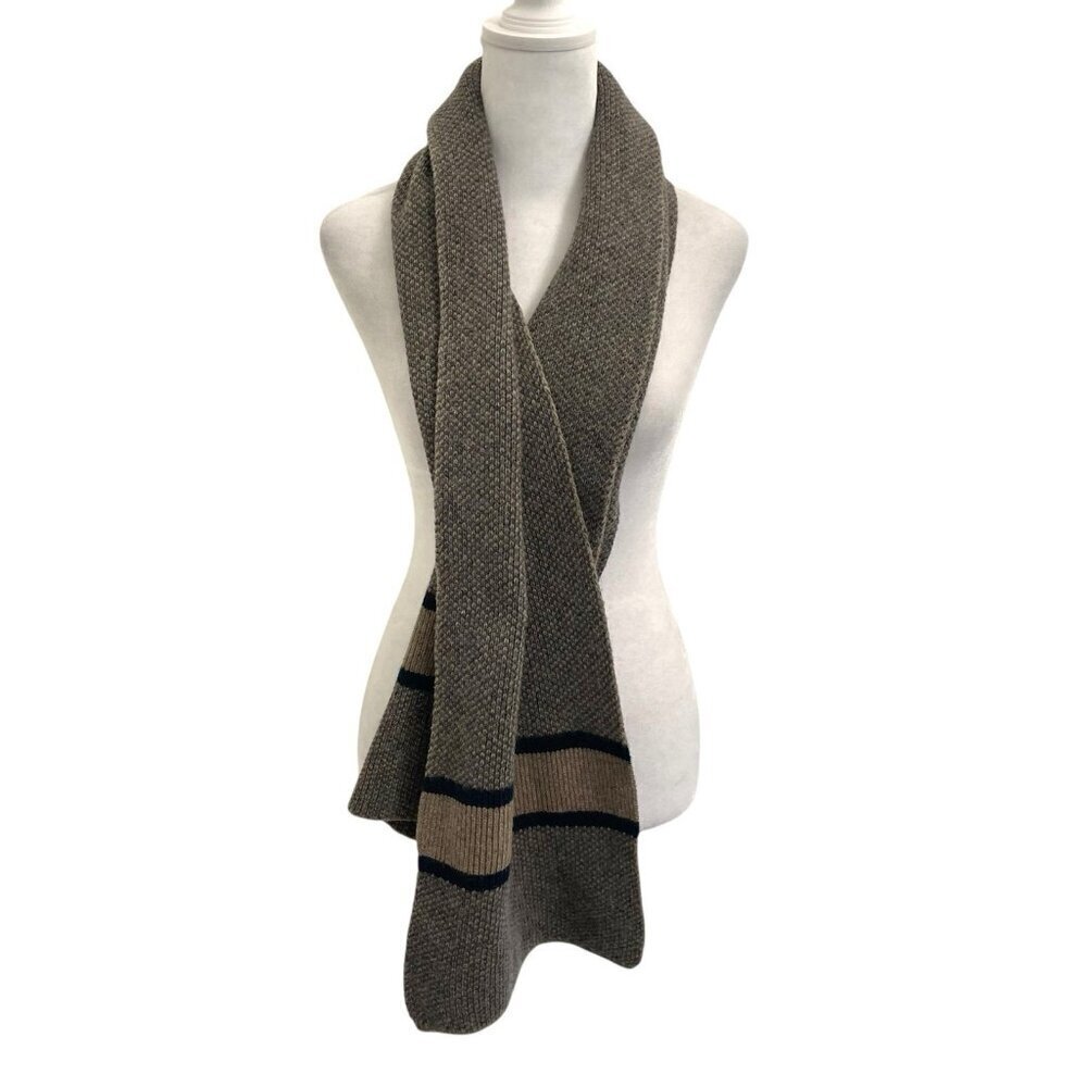 Grant Thomas 100% Lambswool Wool Stripe Scarf Neutral Brown Tan Blue